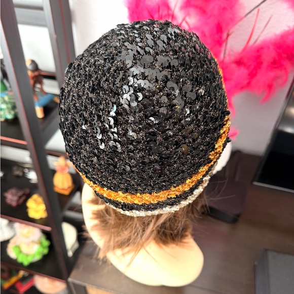 I.Magnin Sequin Striped Cap - Black, Gold, Silver main image 7